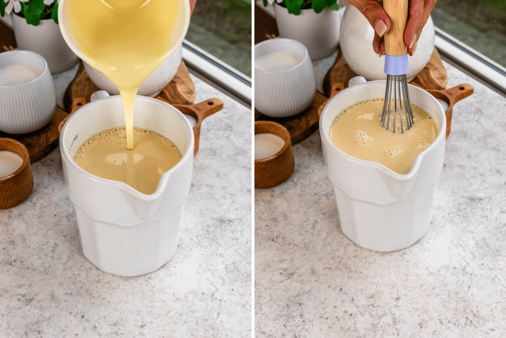 mixing sweetened condensed milk with evaporated milk in a bowl, whisking to combine.