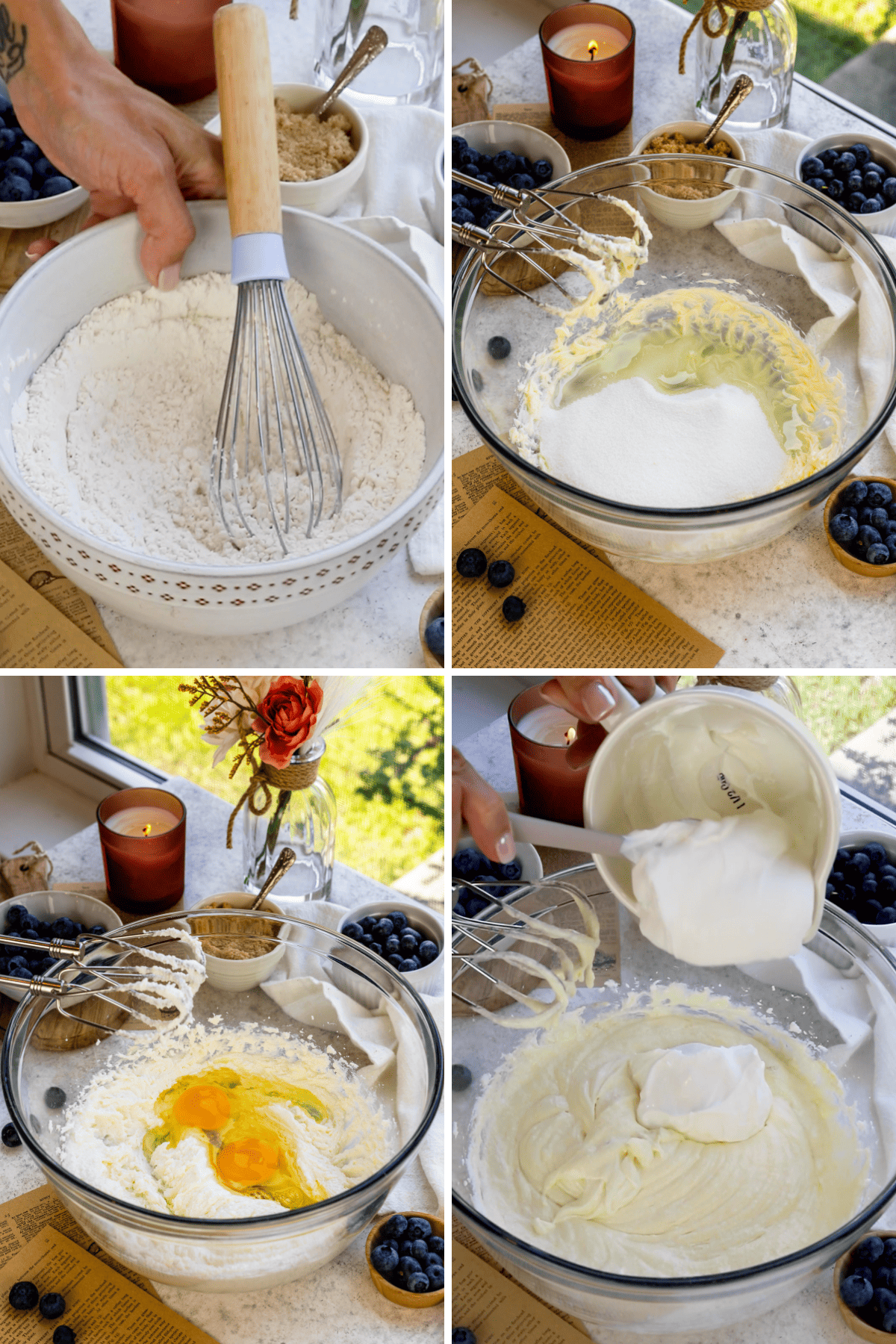 Step-by-step collage showing blueberry cheesecake batter preparation: whisking dry ingredients, creaming butter and sugar, adding eggs, and mixing in sour cream.