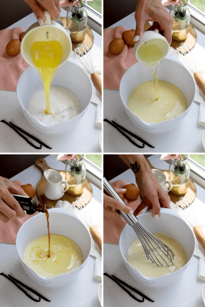 mixing wet ingredients to make muffin batter.