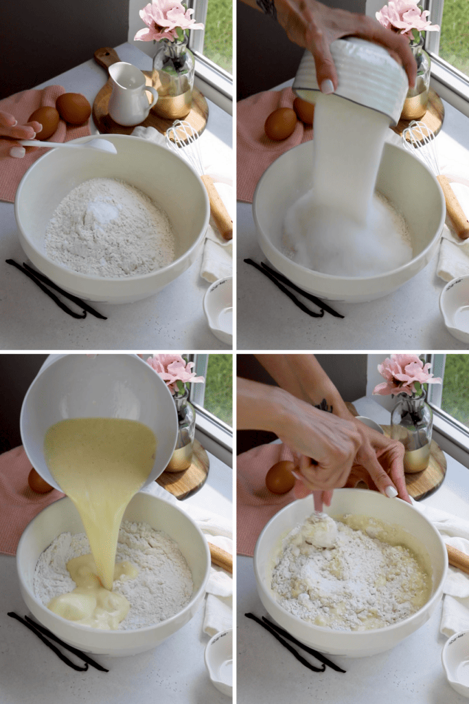mixing muffin batter together, by stirring the dry ingredients together, and pouring the wet ingredients into the dry.
