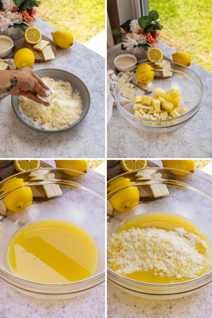 making lemon sugar, then mixing butter and white chocolate in a bowl, adding the sugar to the bowl.