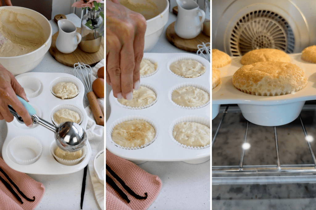 dividing muffin batter between cupcake pan.