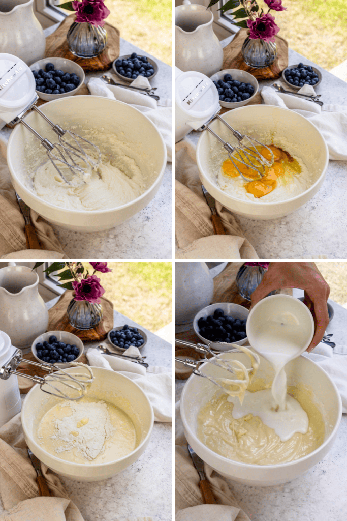 making vanilla cupcake batter, beating the butter on picture one, picture two adding the eggs, picture three adding the flour to the mixing bowl, final image adding the milk.