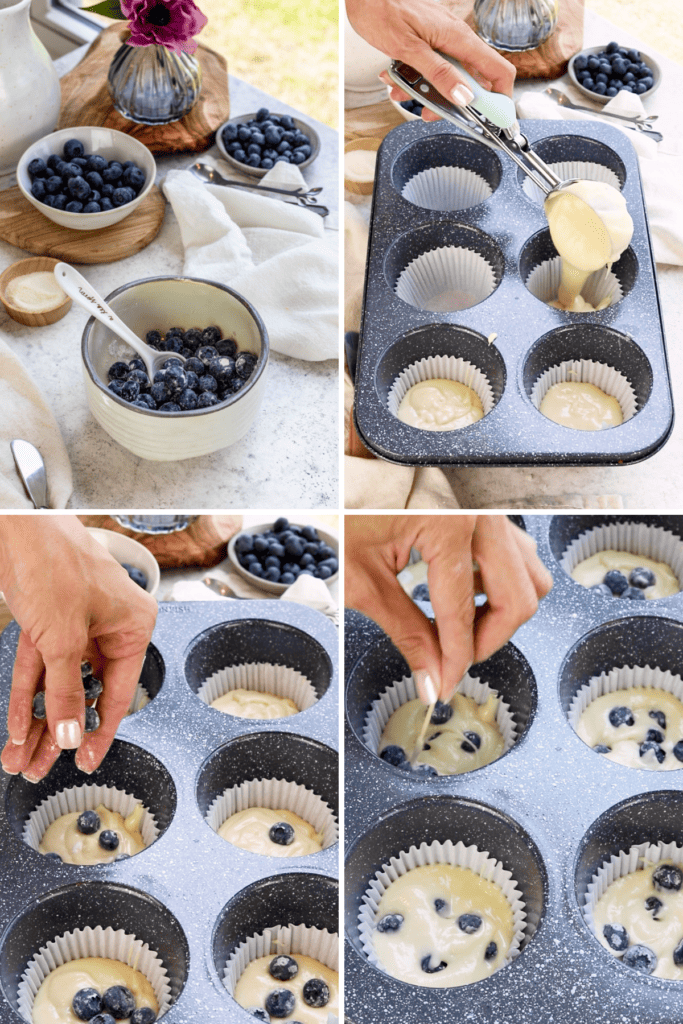 mixing blueberries with flour, pouring batter on a cupcake pan, topping with the blueberries, and swirling with a toothpick.