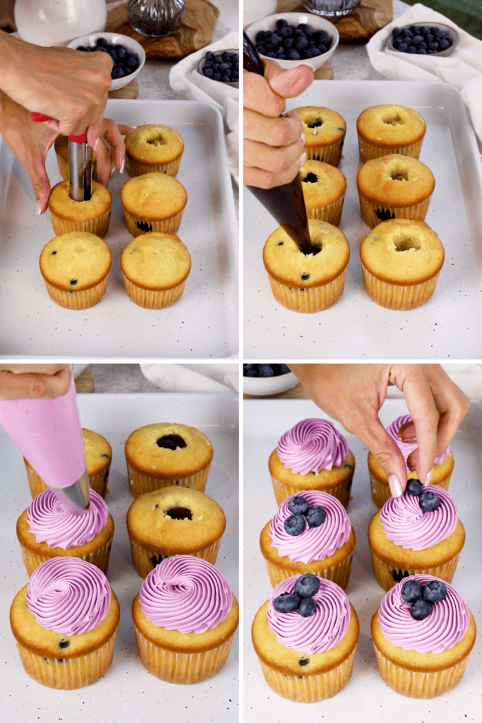 removing the center of the cupcakes, piping blueberry curd in the center, top with the frosting, top with blueberries.