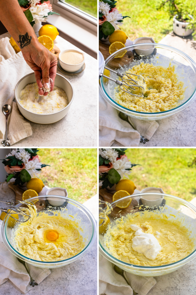 rubbing sugar and lemon zest between fingers over a bowl, second picture: mixing butter and sugar in a mixer, third picture a bowl with sugar and butter beaten together and an egg, fourth picture: sour cream being added to the bowl.