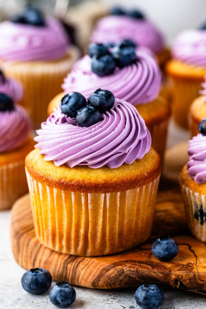cupcakes topped with blueberry frosting and blueberries.