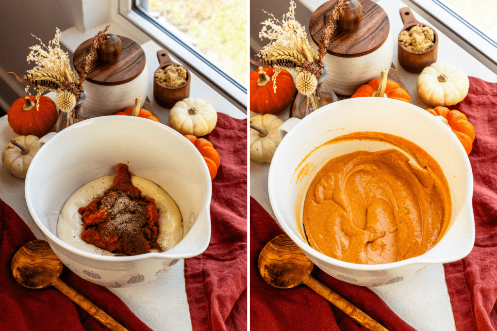 adding pumpkin puree and pumpkin spices to the bowl, and mixing to combine.
