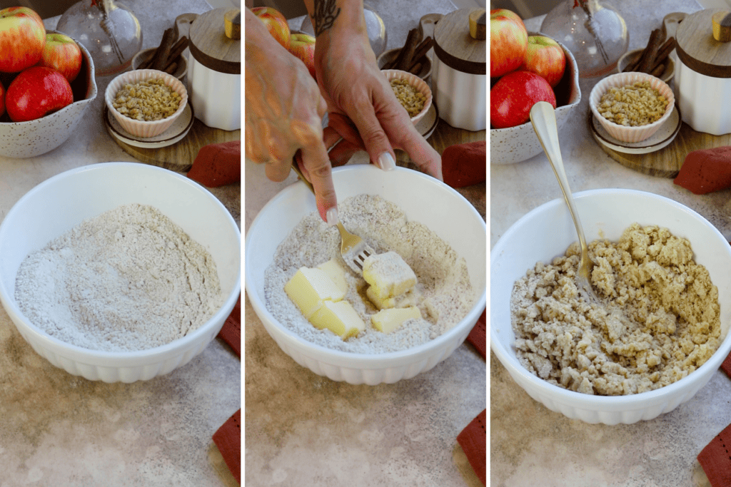 making streusel crumb with flour and butter.