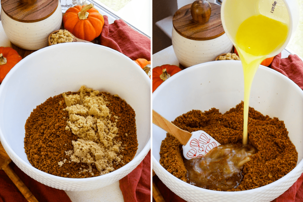mixing sugar with biscoff, and then mixing with melted butter.