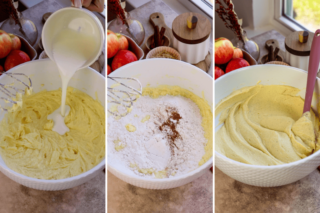 adding the milk to the bowl, then adding the flour ingredients, and mixing to combine.