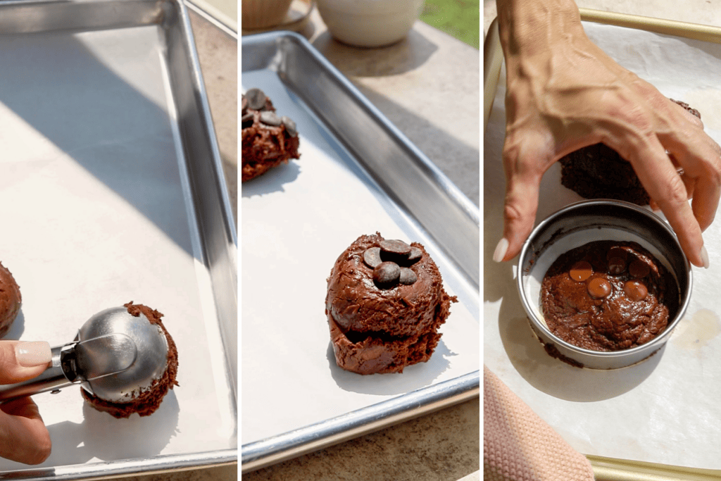 scooping a cookie on a baking sheet. Cookie dough with chocolate chips on top.
Using a ring to make the cookie round.