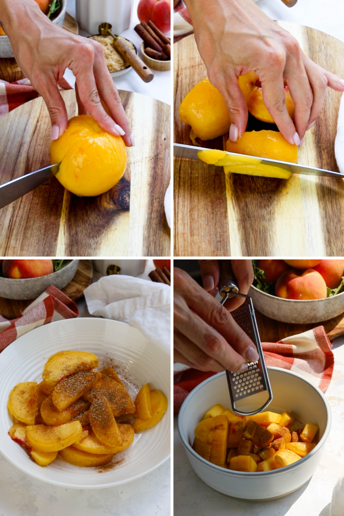 slicing and dicing peaches and placing diced peaches in one bowl with spices, and sliced peaches in another bowl with spices.