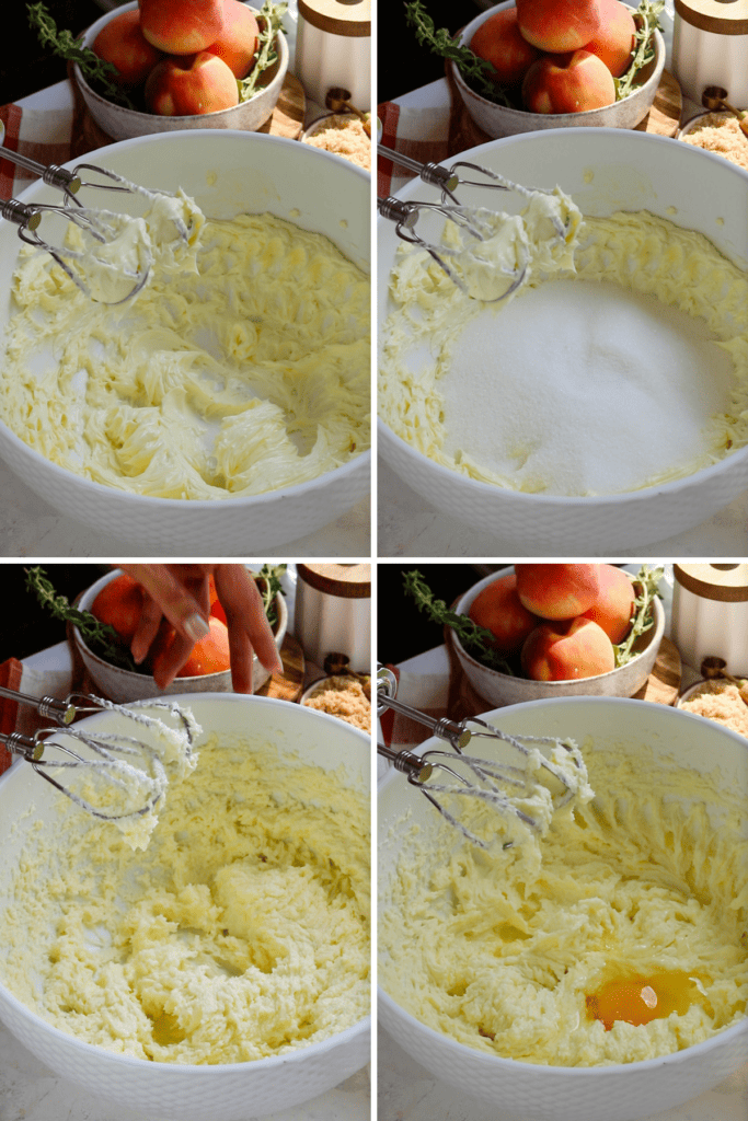 first picture: beating butter with mixer. Second picture: sugar added to the bowl. Third picture: mixture of butter and sugar beaten together. Fourth picture: egg added to the bowl.