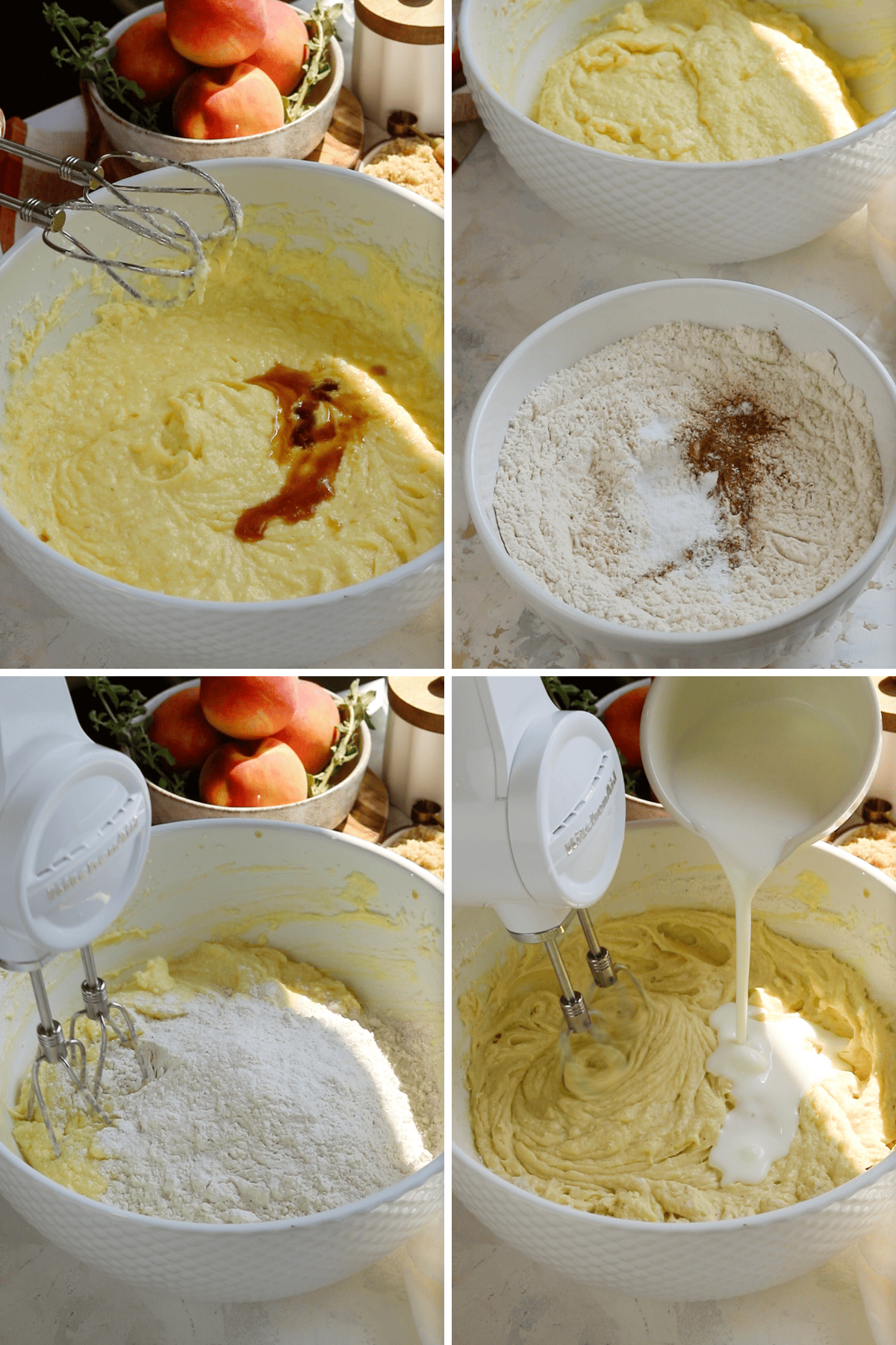 adding vanilla extract to batter, mixing the dry ingredients and the milk in.