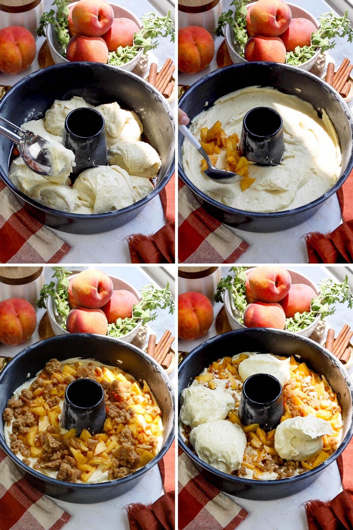 assembling peach cake in a bundt pan.