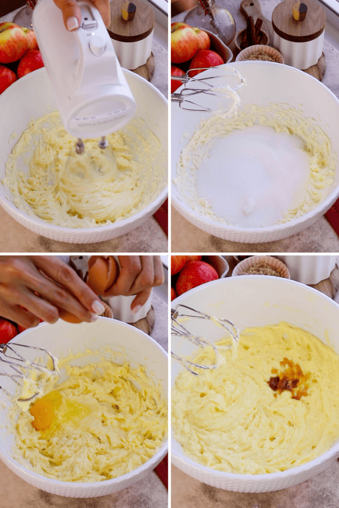 making cake batter by beating the butter, adding sugar, and egg, and vanilla.