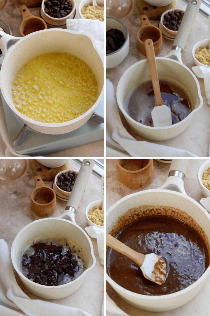 making brown butter in a saucepan, when the brown butter is done, adding chocolate to it, and then last picture is showing a pan with brown butter and chocolate mixed in.