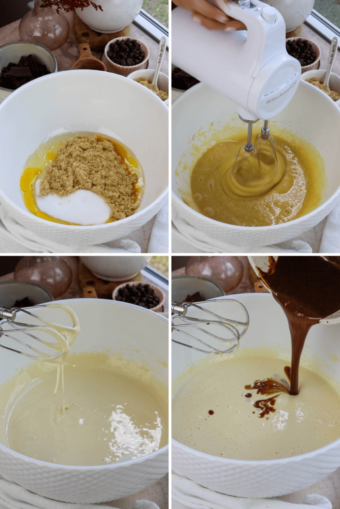beating eggs and sugar with a mixer, then adding chocolate to it.