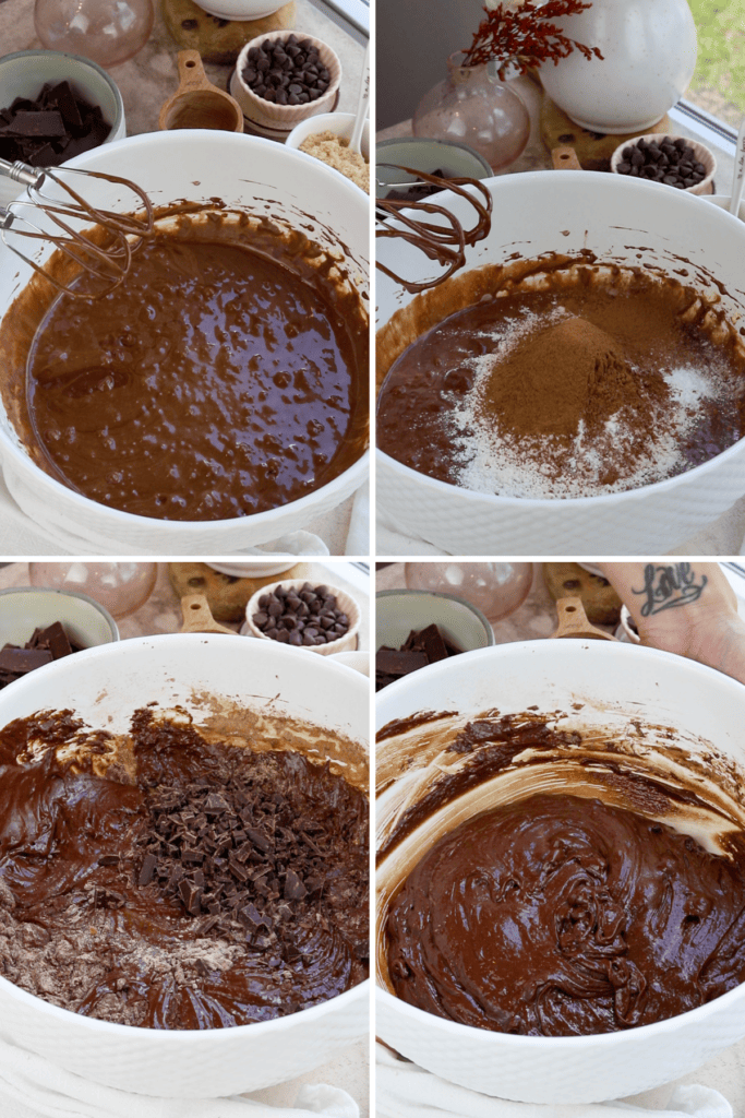 adding flour and cocoa powder to the batter bowl and mixing to incorporate.