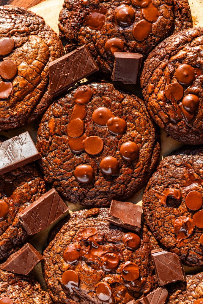 brownie chocolate cookies with chocolate chips on top.