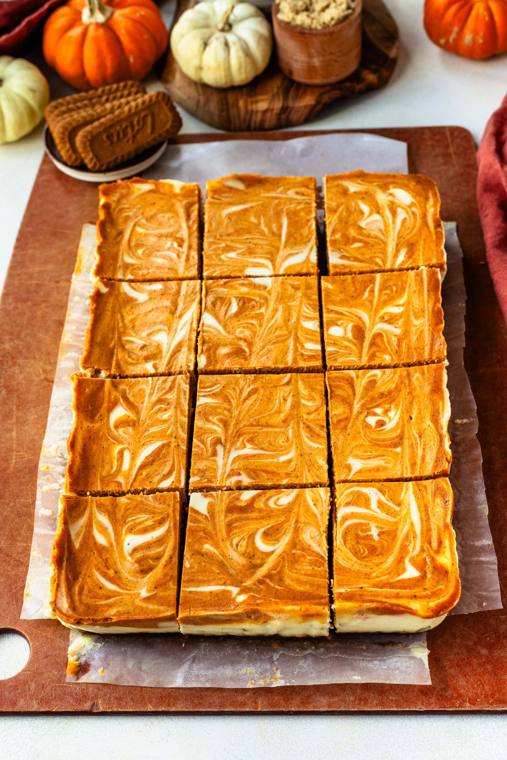 pumpkin bar cheesecake sliced.