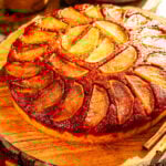 Apple Upside Down Cake with apples and caramel on top.