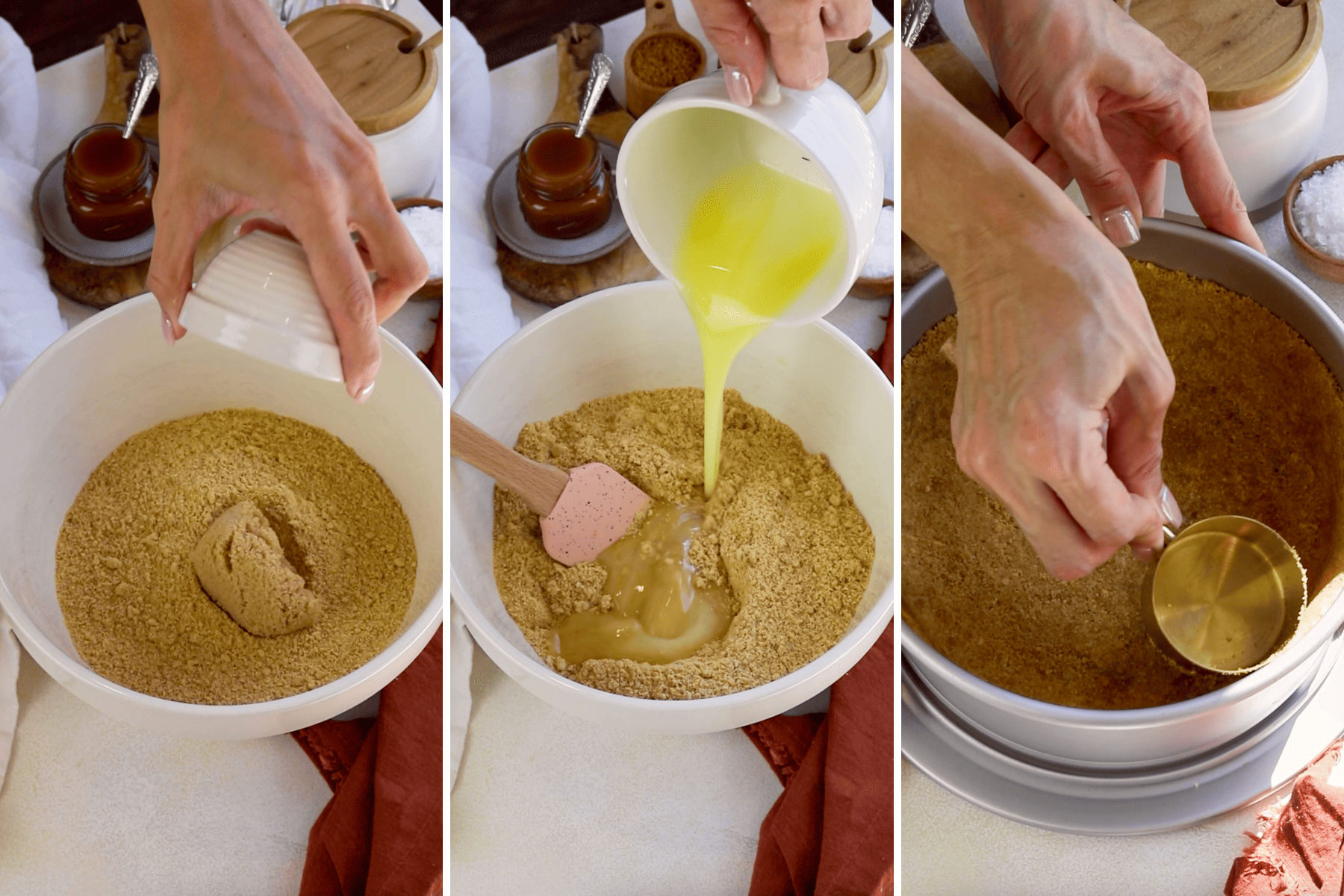 making cheesecake crust, mixing the crust with sugar, and then with butter, then pressing on the bottom of the cheesecake pan.