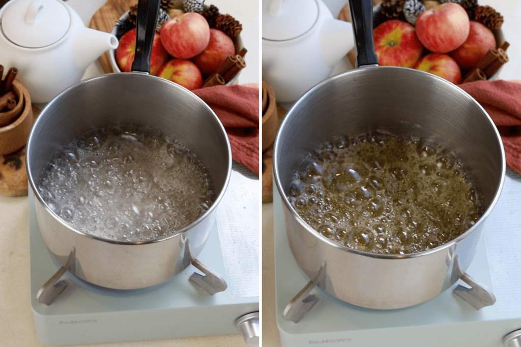 first picture: syrup boiling in a saucepan. Second picture: the syrup started to brown.