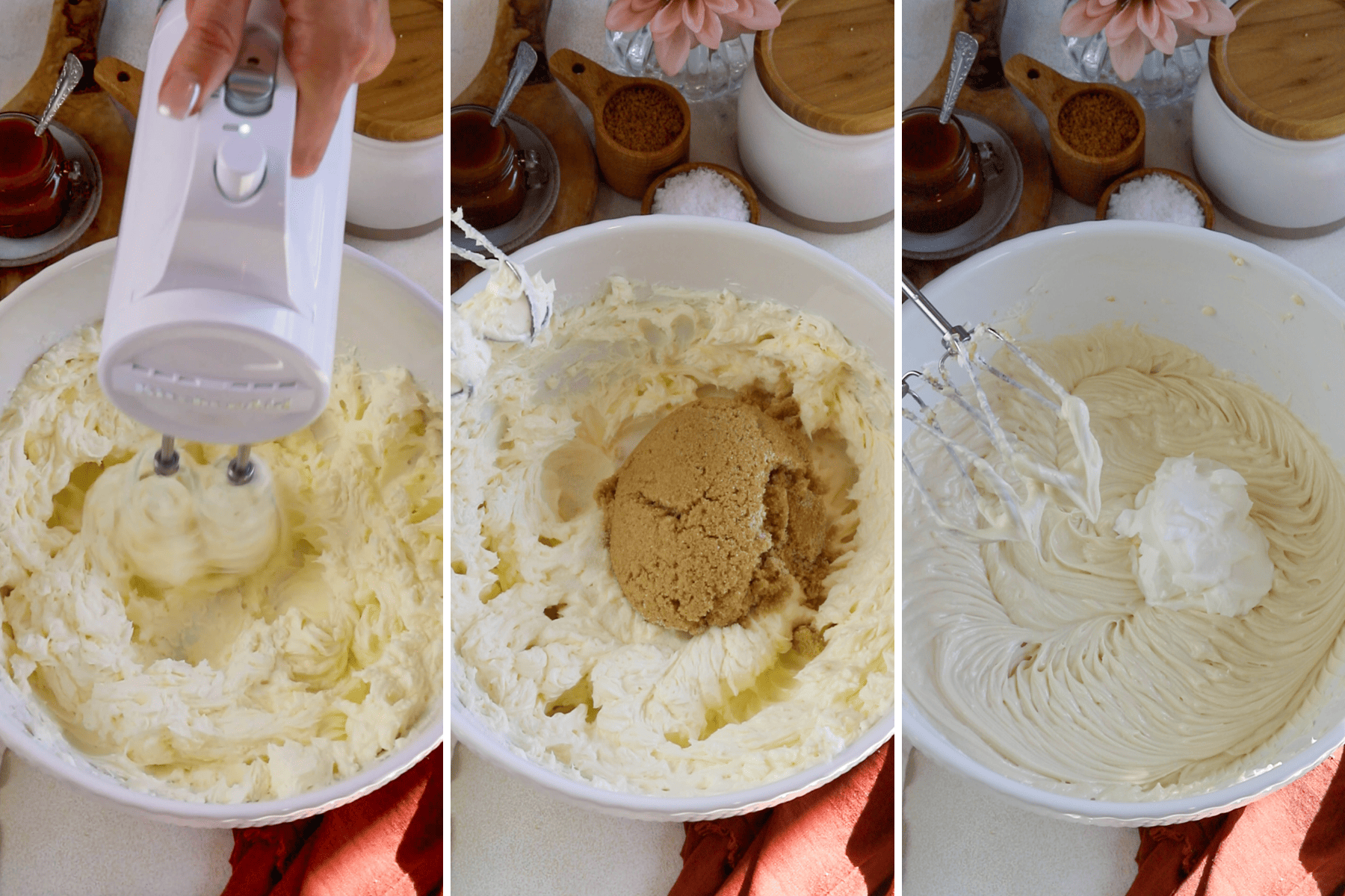 making cheesecake batter, mixing the cream cheese with sugar.