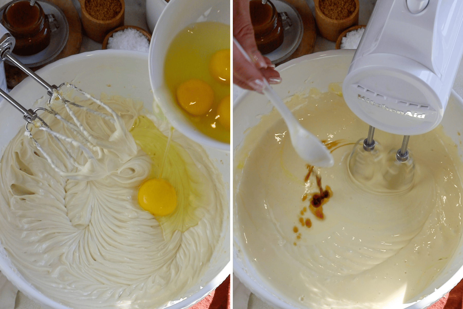making cheesecake batter by adding eggs, and adding vanilla and mixing with a mixer.