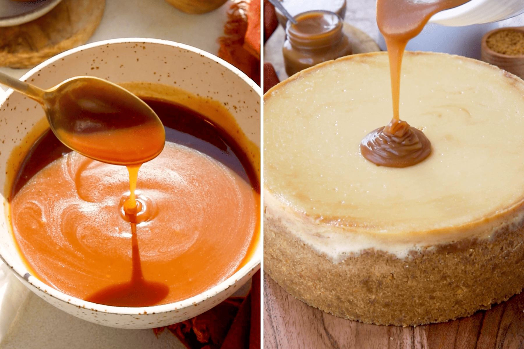 first picture: caramel sauce in a bowl. second picture: pouring caramel sauce on top of the cheesecake.