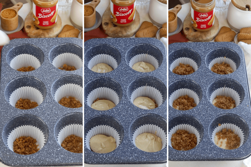 cupcake pan with biscoff crumbs on the bottom. second picture: batter inside the cupcake cups. third picture: biscoff crumbs on top of the batter in the cupcake cups.