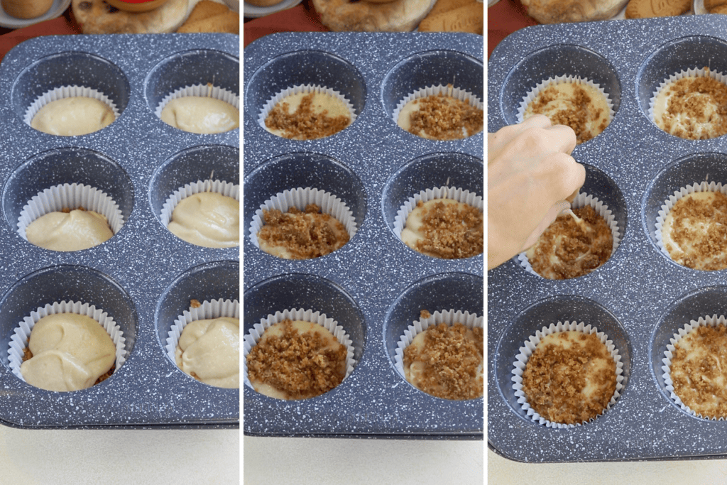 adding batter to cupcake batter, then adding biscoff crumbs on top of it. last picture showing a toothpick swirling the batter.