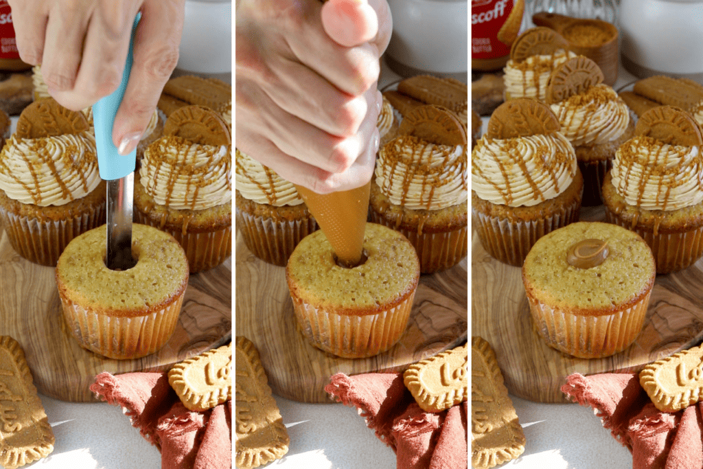 assembling cupcakes by removing the center of the cupcakes, and filling them with biscoff cookie butter.