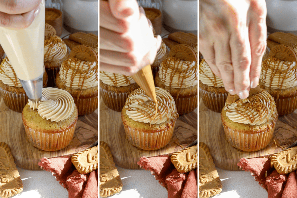 piping frosting on top of the cupcakes, then drizzling biscoff on top, and then sprinkling bread crumbs.