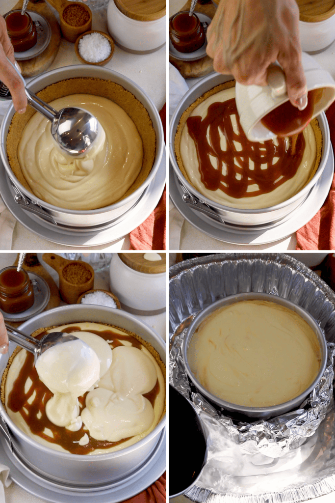 first picture: adding cheesecake batter to the bottom of a crust. second picture, pouring caramel sauce on top. third picture: adding more cheesecake on top of the sauce. Fourth picture, pouring water into a large roasting pan to make a water bath for cheesecake.