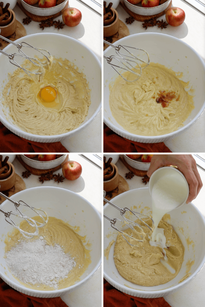 first picture: adding an egg to the bowl. second picture: adding vanilla to the bater bowl with the mixer on the side. third picture: adding flour to the bowl. fourth picture: adding milk to the bowl with the batter.