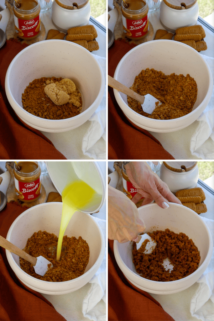 adding brown sugar to a bowl with biscoff crumbs, adding melted butter to it, and stirring with a spatula.
