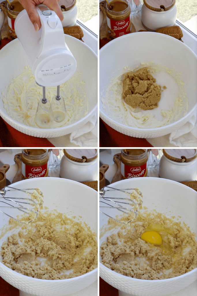 beating the butter to make cupcake batter, second picture: sugar in a bowl with the butter. Third picture: the ingredients shown in the mixer already mixed. Fourth picture: