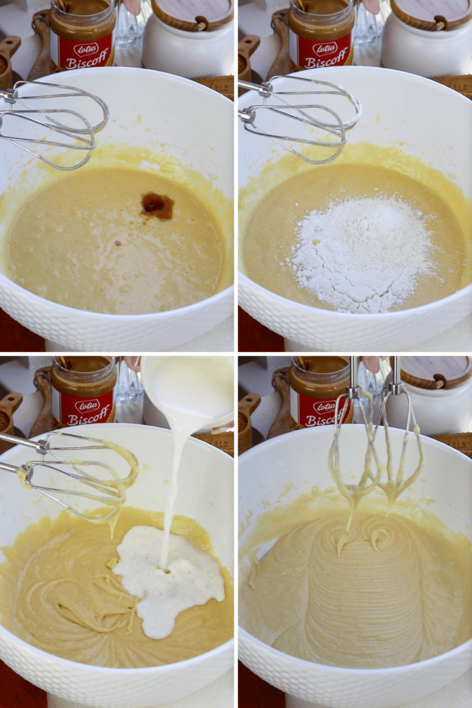 adding vanilla to cupcake batter, then adding flour in, adding the milk, and showing the perfectly stirred batter.