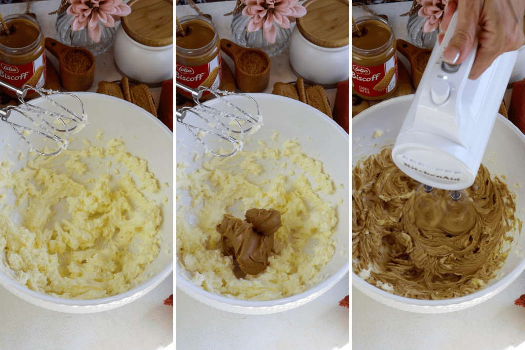 making frosting by mixing butter with a electric mixer, adding the biscoff butter, and then beating with the mixer.