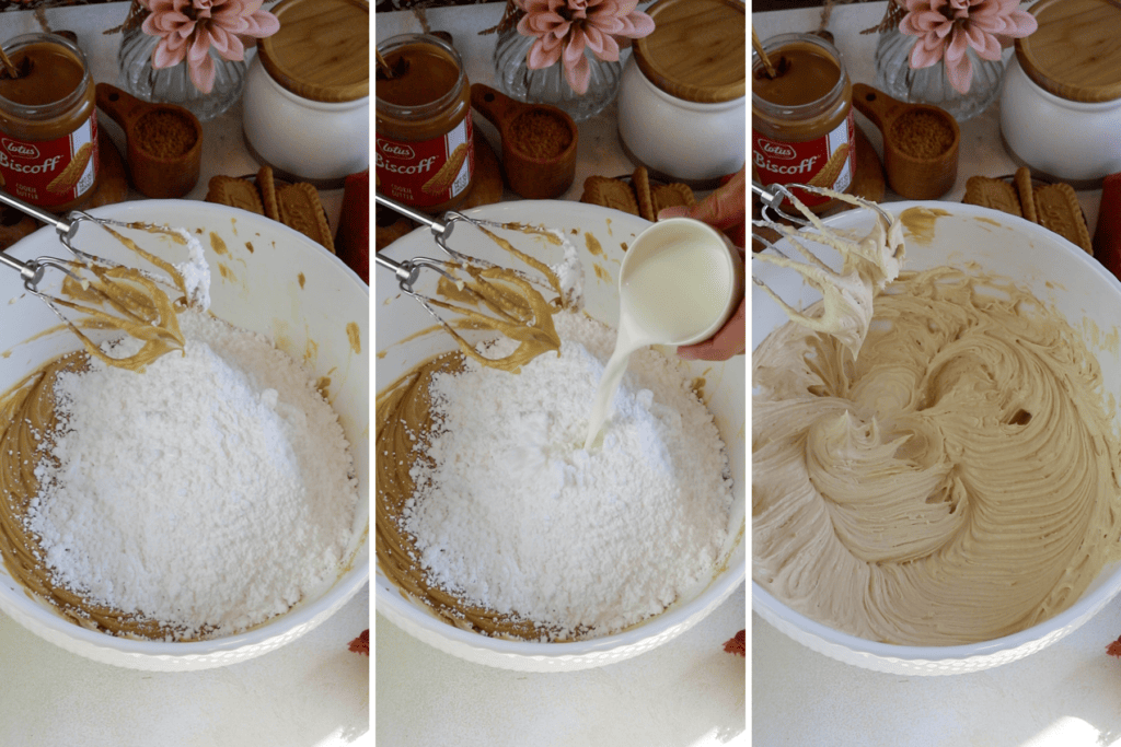 making frosting by adding powdered sugar to the bowl, and then adding milk, and mixing until combined.