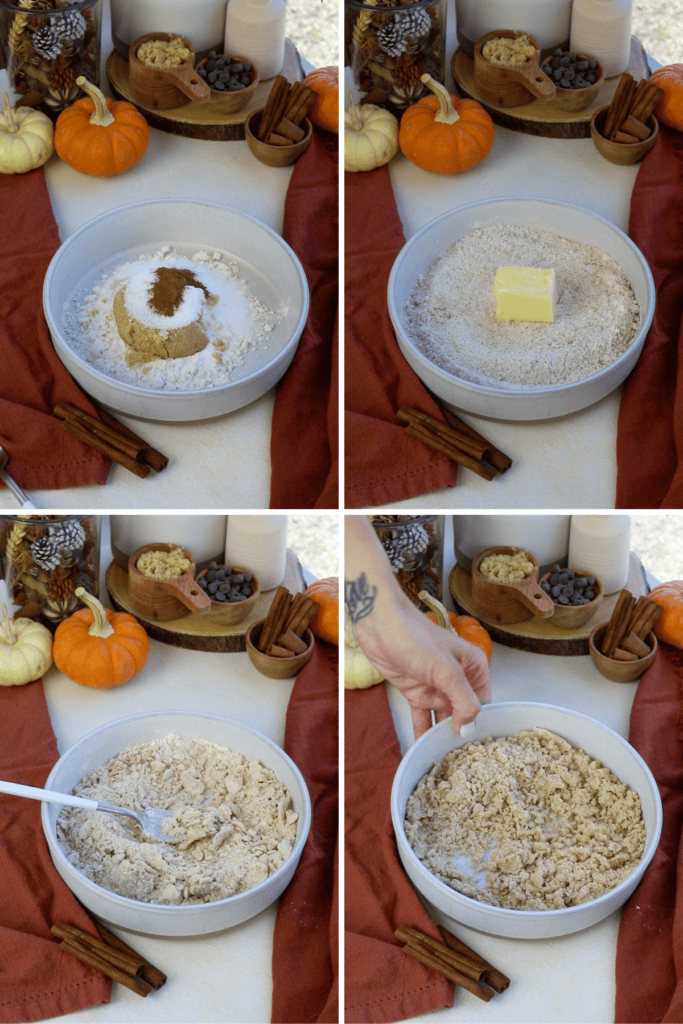 first picture showing how to make crumble for pumpkin bread recipe: a bowl with sugar, flour, and spices. second picture: bowl with flour mixture and butter. third picture: a fork mixing the ingredients of the bowl. Fourth picture: showing the bowl with the ingredients mixed in, the flour and butter.