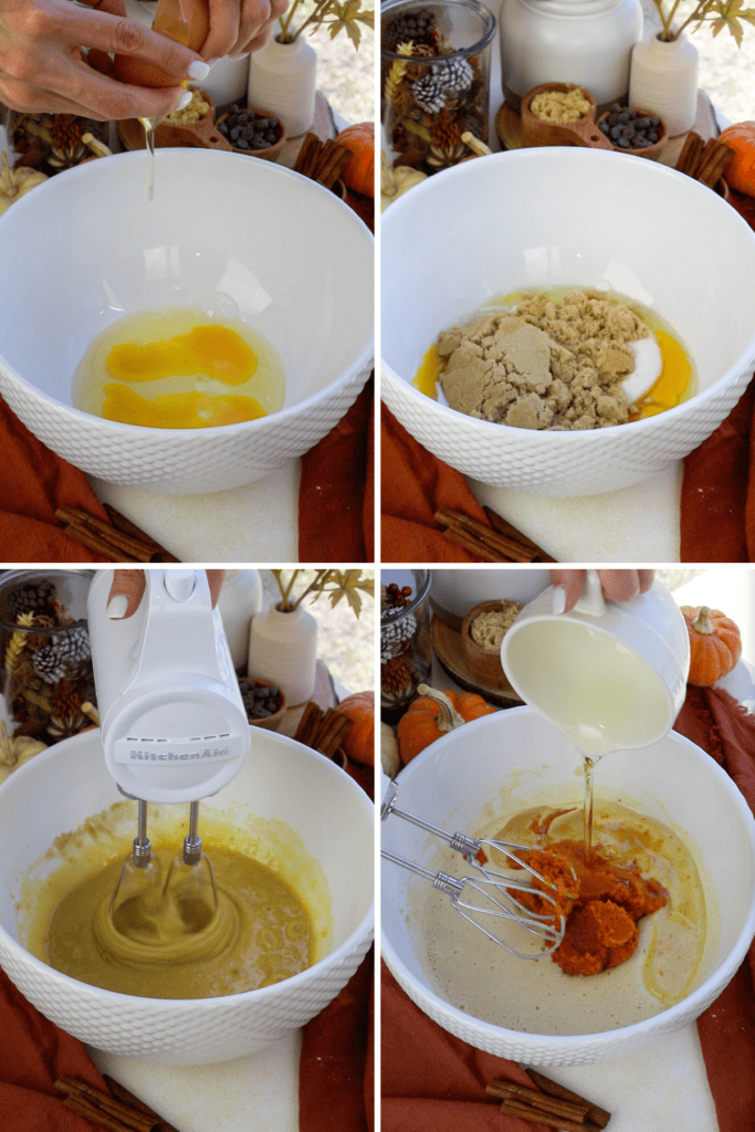 first picture showing how to make pumpkin bread recipe: eggs in a bowl. second picture: granulated sugar, brown sugar, and eggs in a bowl. third picture mixer mixing the ingredients in the bowl. fourth picture: pumpkin puree added to the bowl with oil.