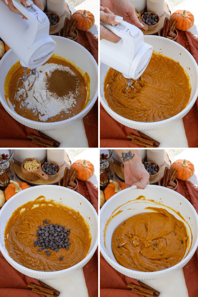 first picture: bowl with pumpkin bread batter and dry ingredients. second picture: mixing the ingredients with a mixer. third picture: chocolate chips added to pumpkin bread batter. fourth picture: batter ready to be baked.