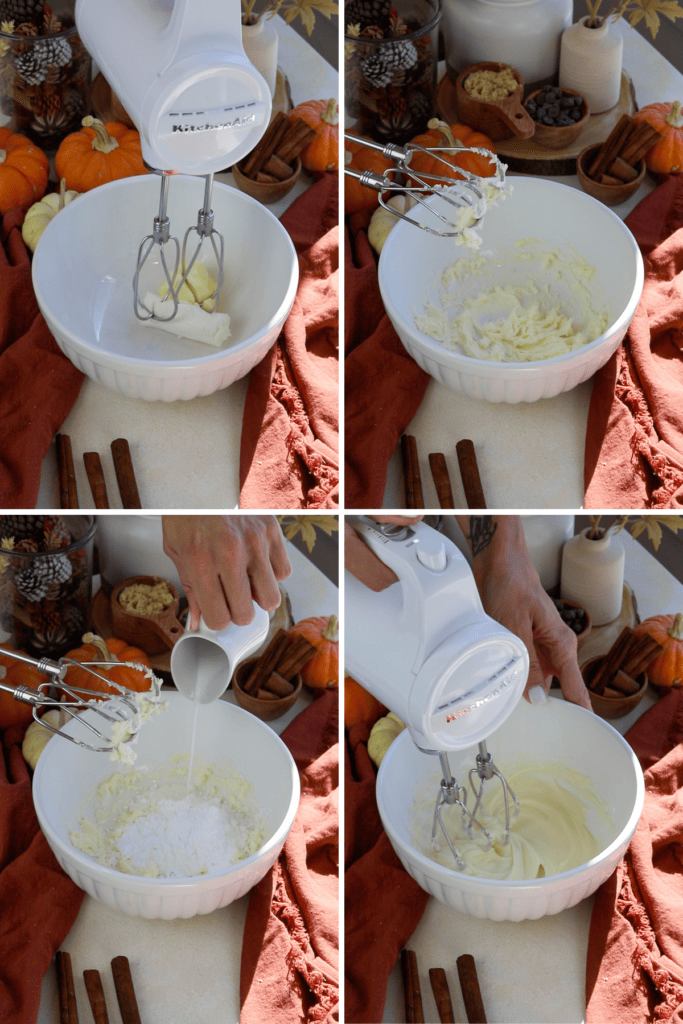 pictures making glaze. first picture: beating the cream cheese and butter. Second picture: mixed butter and cream cheese. third picture: adding sugar and milk to the bowl. fourth picture: electric mixer mixing the ingredients in the bowl.