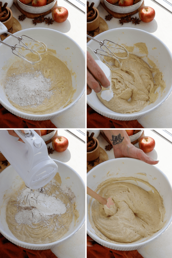 first picture: a bowl with batter and flour on top. second picture: adding milk to the bowl with the batter. third picture: flour added to the bowl. fourth picture: batter mixed in the bowl.