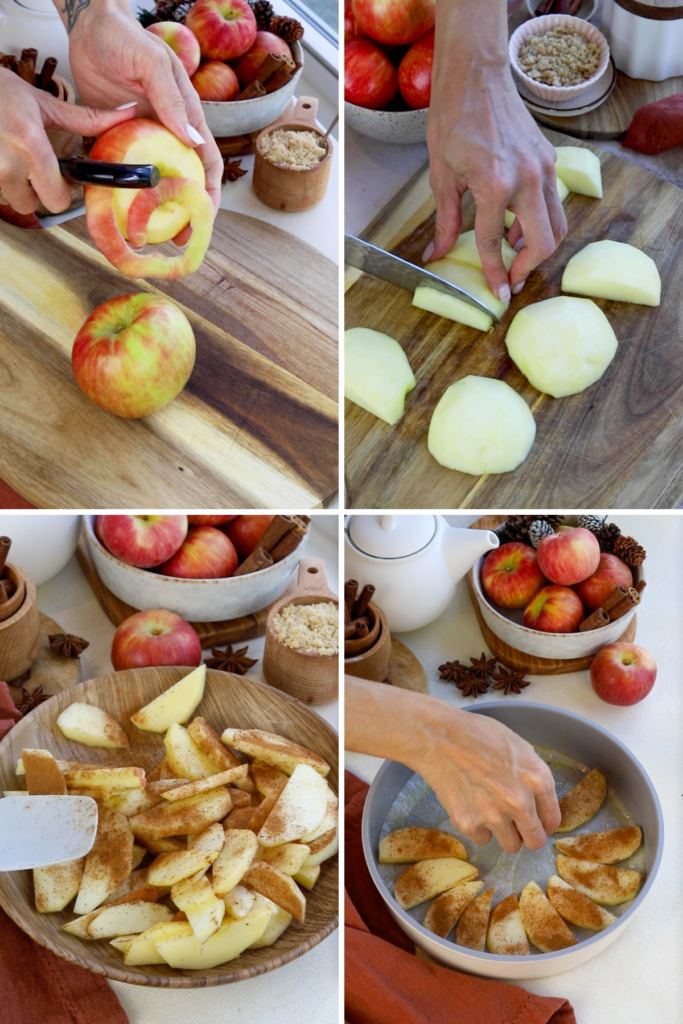 first picture: peeling an apple. second picture: slicing an apple. third picture mixing apple slices with spices. fourth picture: placing the apple wedges on the bottom of a cake pan.