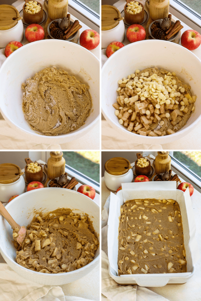 adding chocolate chips and apples to the batter bowl.